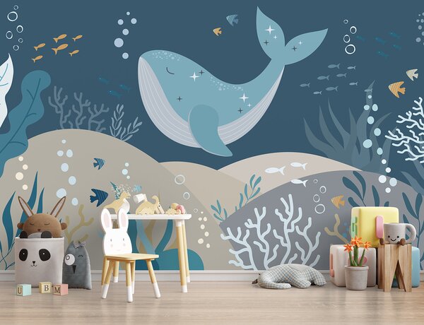 Carta da parati Balena che nuota sott'acqua, Carta da parati per Bambini, Carta da parati popolare, u95919 - Tapeko.it