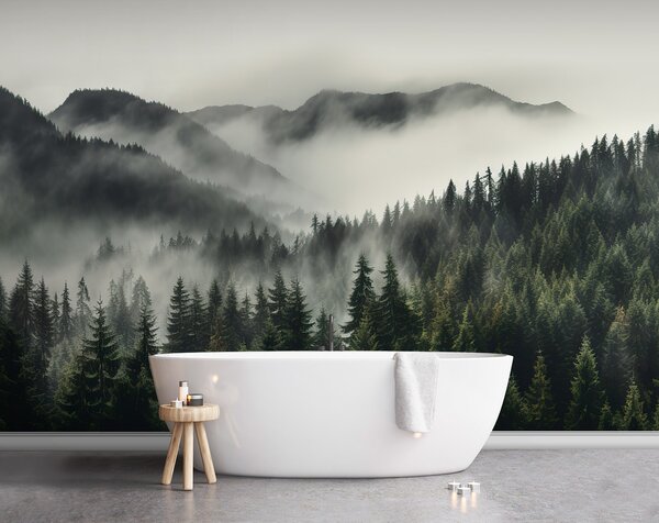 Carta da parati Foresta con nebbia e montagne, Carta da parati Montagne, Carta da parati popolare, u96027 - Tapeko.it