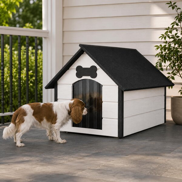 Cuccia per cani QLS, dimensioni L (81x68 cm), isolata, in legno, per uso esterno, colore bianco e nero, modello 9117