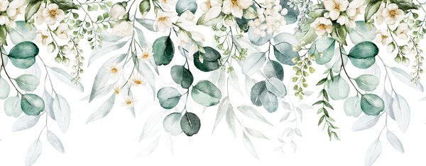 Carta da parati Pittura ad acquerello di fiori e foglie, Carta da parati Floreale, Carta da parati popolare, u96063 - Tapeko.it