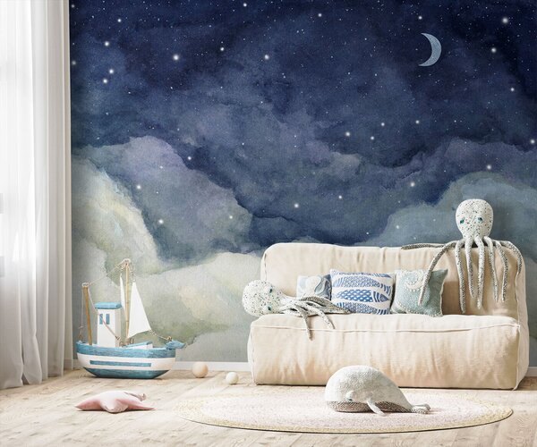Carta da parati Luna e nuvole di notte, Carta da parati per Bambini, Carta da parati popolare, u96076 - Tapeko.it