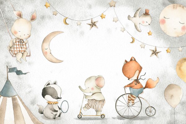 Carta da parati Gruppo di animali in bicicletta, Carta da parati per Bambini, Carta da parati popolare, u96075 - Tapeko.it