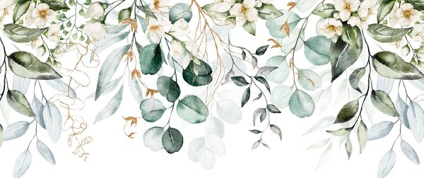 Carta da parati Pittura ad acquerello di foglie e fiori, Carta da parati Floreale, Carta da parati popolare, u96068 - Tapeko.it