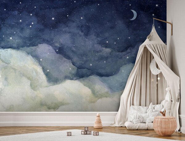 Carta da parati Luna e nuvole di notte, Carta da parati per Bambini, Carta da parati popolare, u96076 - Tapeko.it