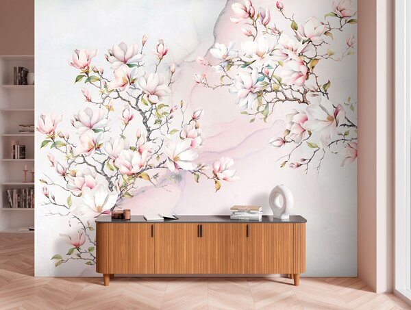 Carta da parati Alberi di magnolia in fiore su uno sfondo di marmo, Carta da parati Floreale, u96114 : Uwalls.it