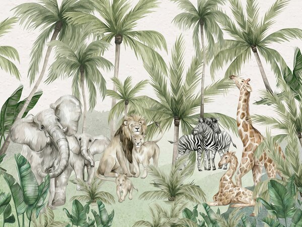 Carta da parati Gruppo di animali in una giungla, Carta da parati per Bambini, Carta da parati popolare, u96255 - Tapeko.it