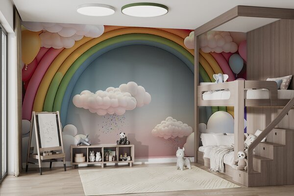 Carta da parati Arcobaleno e nuvole in una stanza, Carta da parati per Bambini, Carta da parati popolare, u96291 - Tapeko.it