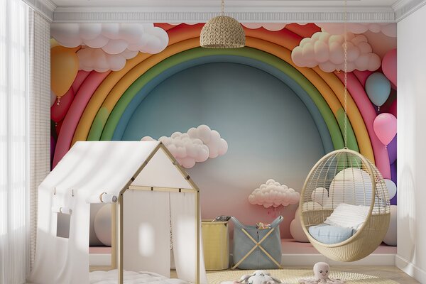 Carta da parati Arcobaleno e nuvole in una stanza, Carta da parati per Bambini, Carta da parati popolare, u96291 - Tapeko.it