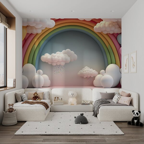 Carta da parati Arcobaleno e nuvole in una stanza, Carta da parati per Bambini, Carta da parati popolare, u96291 - Tapeko.it