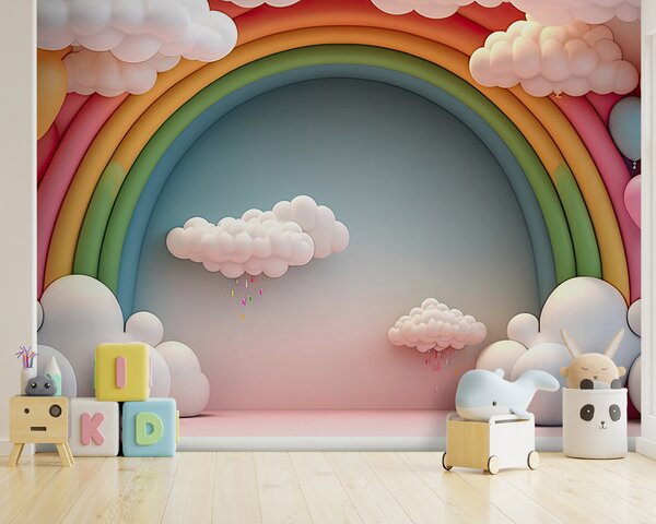 Carta da parati Arcobaleno e nuvole in una stanza, Carta da parati per Bambini, Carta da parati popolare, u96291 - Tapeko.it