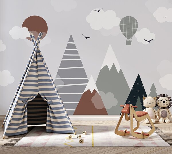 Carta da parati Paesaggio con alberi e montagne, Carta da parati per Bambini, Carta da parati popolare, u96297 - Tapeko.it