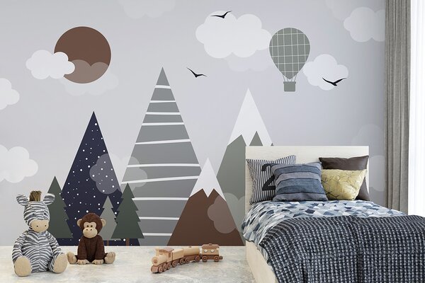 Carta da parati Paesaggio con alberi e montagne, Carta da parati per Bambini, Carta da parati popolare, u96297 - Tapeko.it