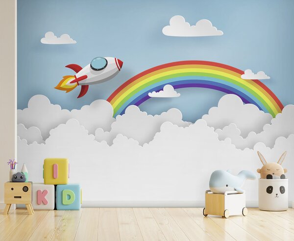 Carta da parati Razzo che vola nel cielo con nuvole e arcobaleno, Carta da parati per Bambini, Carta da parati popolare, u96299 - Tapeko.it