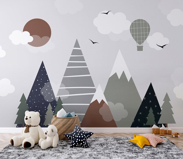 Carta da parati Paesaggio con alberi e montagne, Carta da parati per Bambini, Carta da parati popolare, u96297 - Tapeko.it