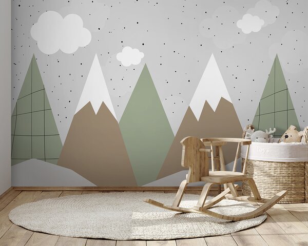 Carta da parati Disegno di montagne e alberi, Carta da parati per Bambini, Carta da parati popolare, u96298 - Tapeko.it