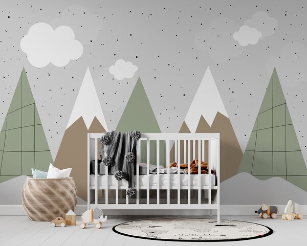 Carta da parati Disegno di montagne e alberi, Carta da parati per Bambini, Carta da parati popolare, u96298 - Tapeko.it