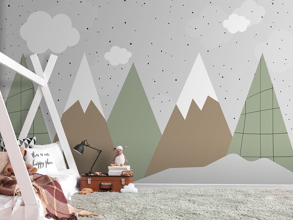 Carta da parati Disegno di montagne e alberi, Carta da parati per Bambini, Carta da parati popolare, u96298 - Tapeko.it