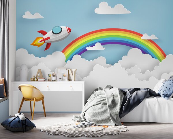 Carta da parati Razzo che vola nel cielo con nuvole e arcobaleno, Carta da parati per Bambini, Carta da parati popolare, u96299 - Tapeko.it