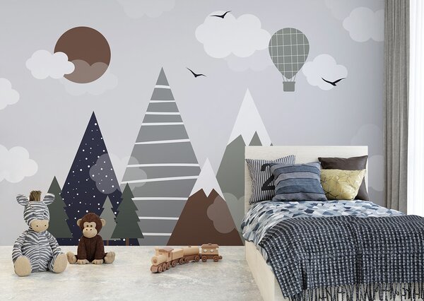 Carta da parati Paesaggio con alberi e montagne, Carta da parati per Bambini, Carta da parati popolare, u96297 - Tapeko.it