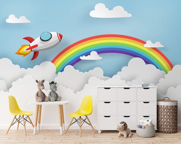 Carta da parati Razzo che vola nel cielo con nuvole e arcobaleno, Carta da parati per Bambini, Carta da parati popolare, u96299 - Tapeko.it