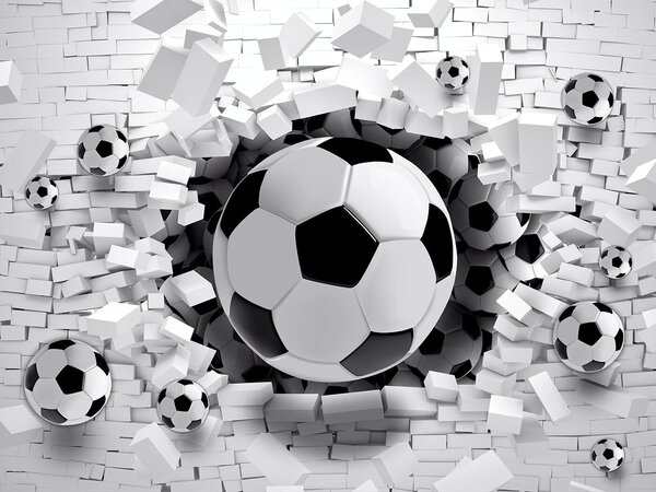 Carta da parati Palla da calcio che sfonda un muro di mattoni, Carta da parati per Bambini, Carta da parati popolare, u96315 - Tapeko.it