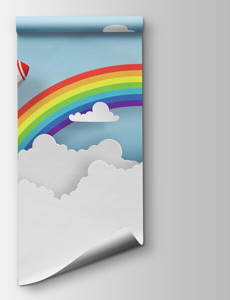 Carta da parati Razzo che vola nel cielo con nuvole e arcobaleno, Carta da parati per Bambini, Carta da parati popolare, u96299 - Tapeko.it