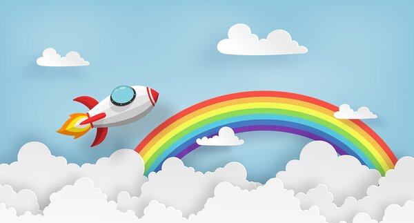 Carta da parati Razzo che vola nel cielo con nuvole e arcobaleno, Carta da parati per Bambini, Carta da parati popolare, u96299 - Tapeko.it
