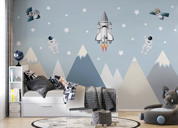 Carta da parati Navetta spaziale e astronauta nel cielo, Carta da parati per Bambini, Carta da parati popolare, u96333 - Tapeko.it