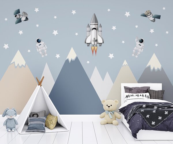Carta da parati Navetta spaziale e astronauta nel cielo, Carta da parati per Bambini, Carta da parati popolare, u96333 - Tapeko.it