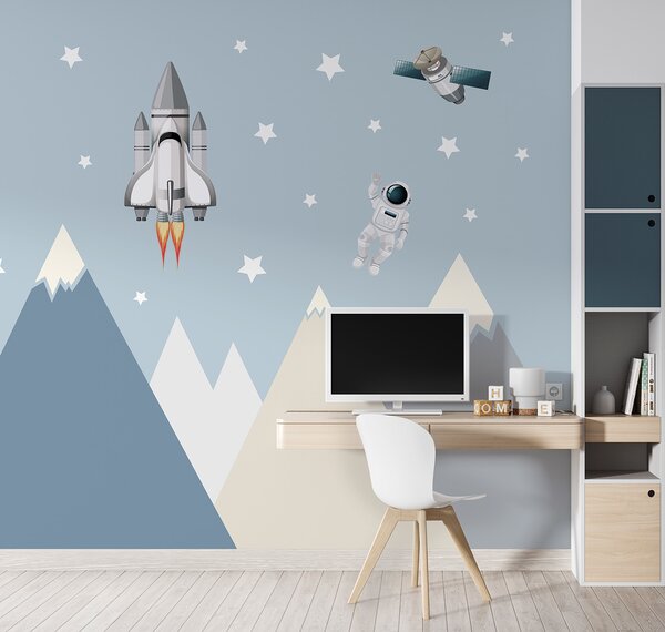 Carta da parati Navetta spaziale e astronauta nel cielo, Carta da parati per Bambini, Carta da parati popolare, u96333 - Tapeko.it