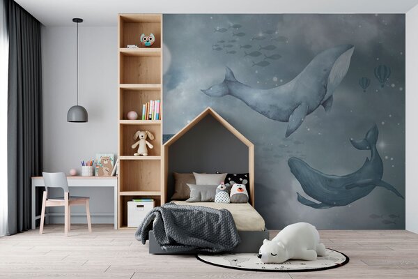 Carta da parati Tre grandi balene nuotano tra le stelle nel cielo notturno, Carta da parati Mare, u96337 : Uwalls.it
