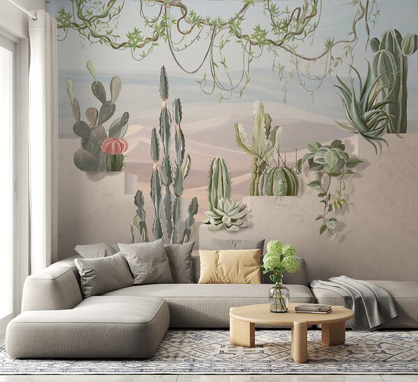 Carta da parati Murale con cactus e piante grasse, Carta da parati 3d, Carta da parati popolare, u96445 - Tapeko.it