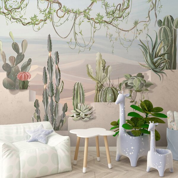 Carta da parati Murale con cactus e piante grasse, Carta da parati 3d, Carta da parati popolare, u96445 - Tapeko.it
