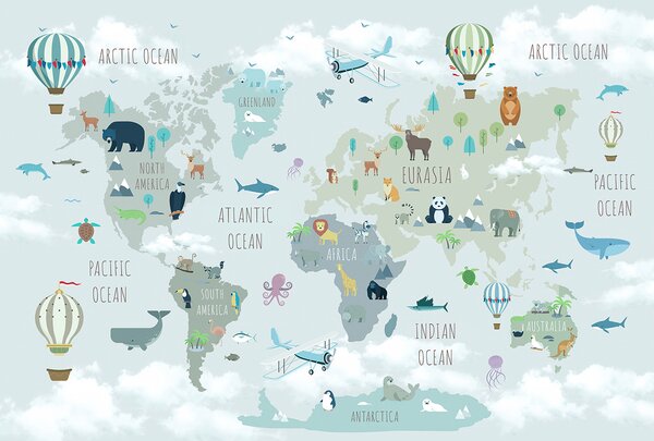 Carta da parati Mappa del mondo con animali e uccelli, Carta da parati per Bambini, Carta da parati popolare, u96447 - Tapeko.it