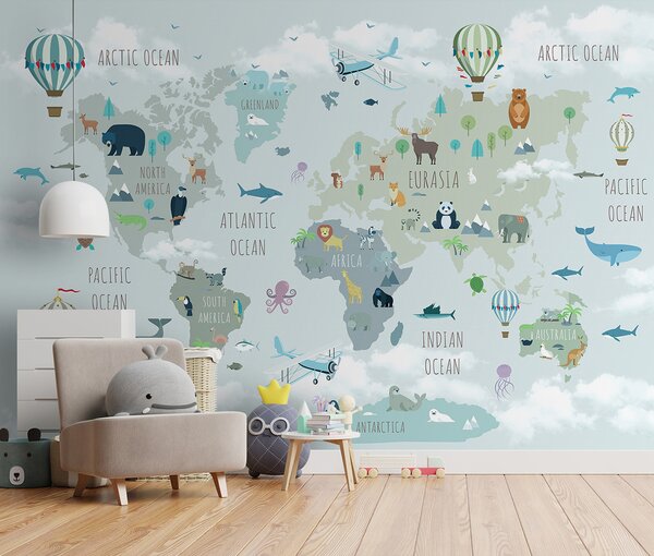Carta da parati Mappa del mondo con animali e uccelli, Carta da parati per Bambini, Carta da parati popolare, u96447 - Tapeko.it