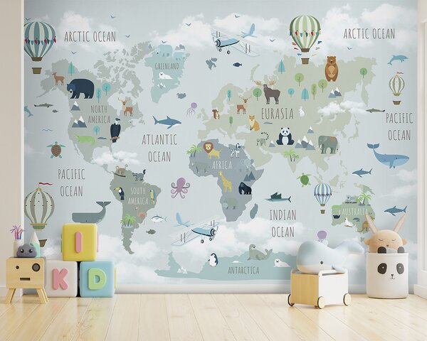 Carta da parati Mappa del mondo con animali e uccelli, Carta da parati per Bambini, Carta da parati popolare, u96447 - Tapeko.it
