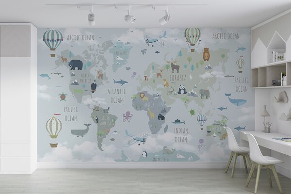 Carta da parati Mappa del mondo con animali e uccelli, Carta da parati per Bambini, Carta da parati popolare, u96447 - Tapeko.it