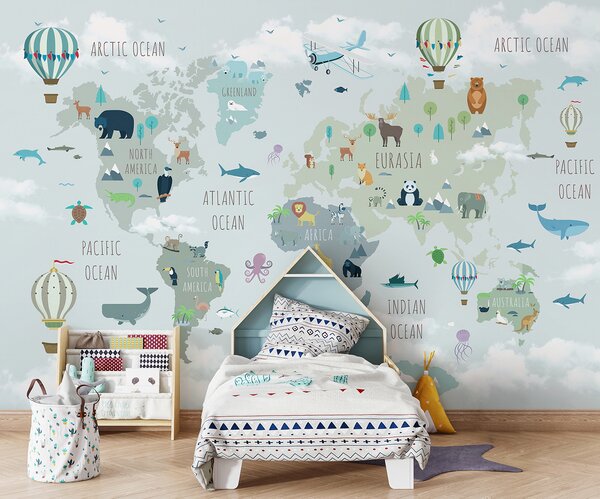 Carta da parati Mappa del mondo con animali e uccelli, Carta da parati per Bambini, Carta da parati popolare, u96447 - Tapeko.it