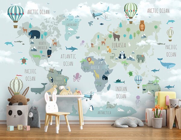 Carta da parati Mappa del mondo con animali e uccelli, Carta da parati per Bambini, Carta da parati popolare, u96447 - Tapeko.it