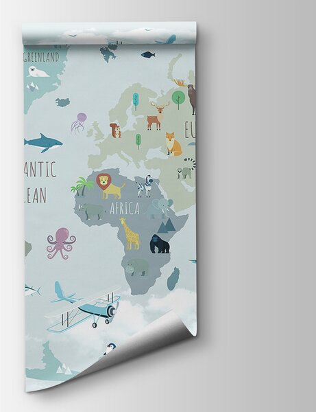 Carta da parati Mappa del mondo con animali e uccelli, Carta da parati per Bambini, Carta da parati popolare, u96447 - Tapeko.it