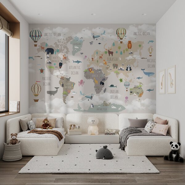 Carta da parati Mappa del mondo con animali e uccelli, Carta da parati per Bambini, Carta da parati popolare, u96461 - Tapeko.it