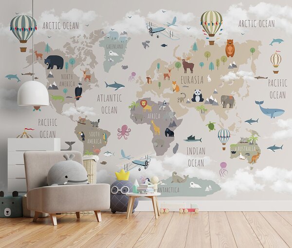 Carta da parati Mappa del mondo con animali e uccelli, Carta da parati per Bambini, Carta da parati popolare, u96461 - Tapeko.it