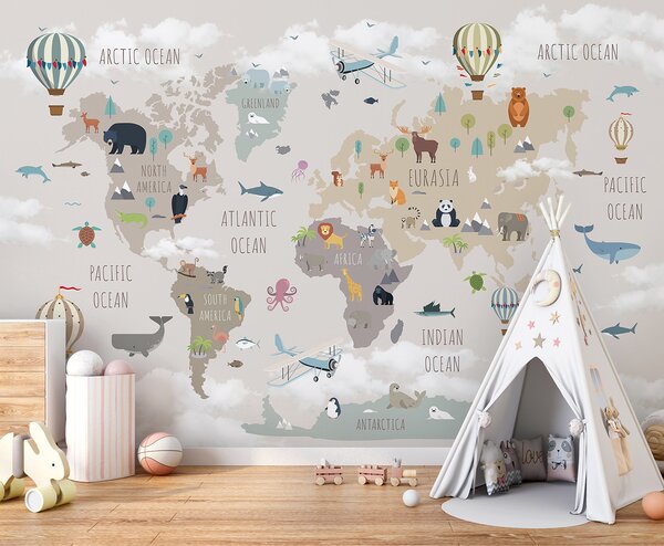 Carta da parati Mappa del mondo con animali e uccelli, Carta da parati per Bambini, Carta da parati popolare, u96461 - Tapeko.it