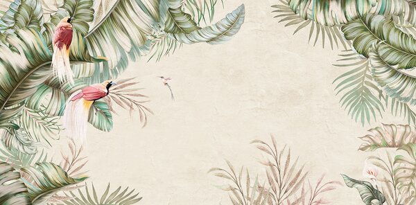 Carta da parati Scena tropicale con uccelli vivaci, Carta da parati Foglie, Carta da parati popolare, u96550 - Tapeko.it