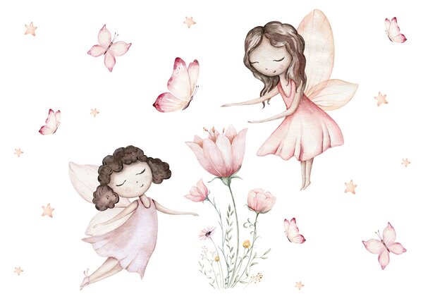 Carta da parati Gruppo di fate con farfalle e fiori, Carta da parati per Bambini, Carta da parati popolare, u96741 - Tapeko.it