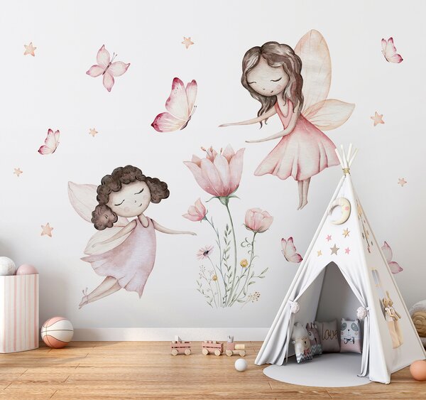 Carta da parati Gruppo di fate con farfalle e fiori, Carta da parati per Bambini, Carta da parati popolare, u96741 - Tapeko.it