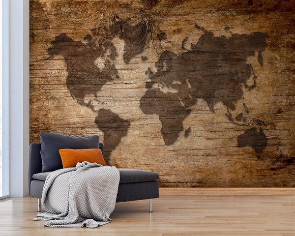 Carta da parati Mappa del mondo su una superficie di legno, Carta da parati mappe del mondo, Carta da parati popolare, u96820 - Tapeko.it