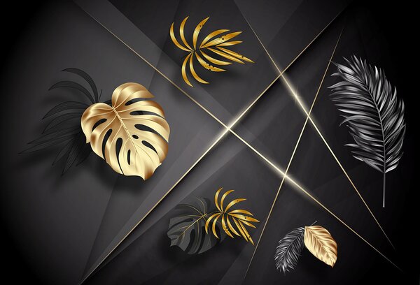 Carta da parati Eleganti foglie metalliche su sfondo scuro, Carta da parati 3d figure, Carta da parati popolare, u96822 - Tapeko.it