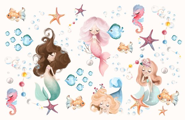 Carta da parati Collezione di sirene dei cartoni animati, Carta da parati per Bambini, Carta da parati popolare, u96868 - Tapeko.it