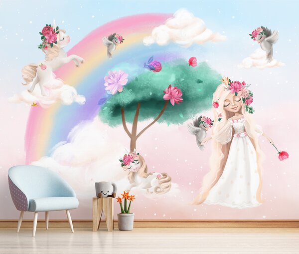 Carta da parati Cartone animato di una ragazza con fiori sui capelli e un arcobaleno, Carta da parati per Bambini, Carta da parati popolare, u96869 - Tapeko.it